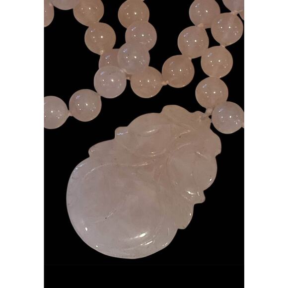 Antique Chinese Curved Pink Rose Quartz Plum Pendant Bead Necklace - Picture 5 of 9